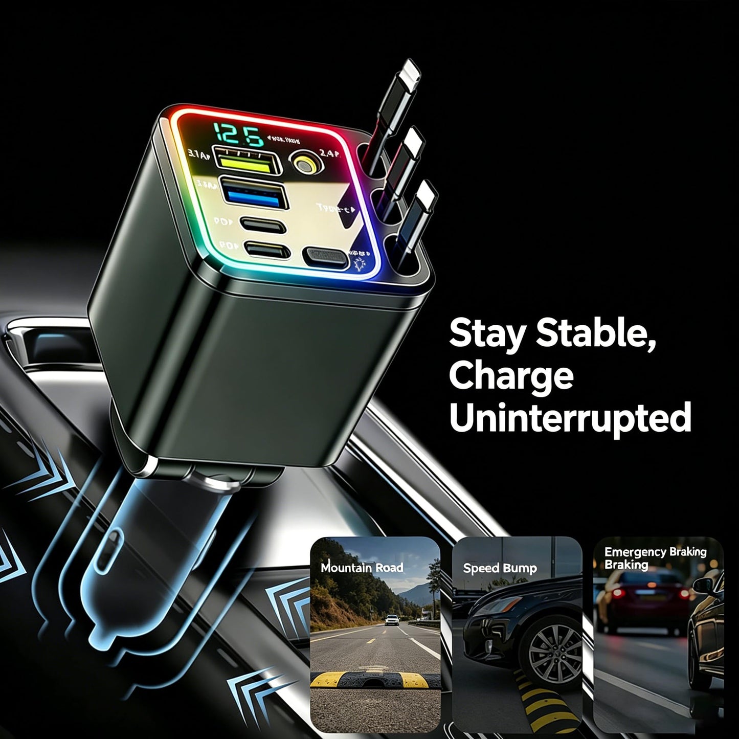 7-in-1 Retractable 102W Fast Car Charger with Star Projector Ambient Light