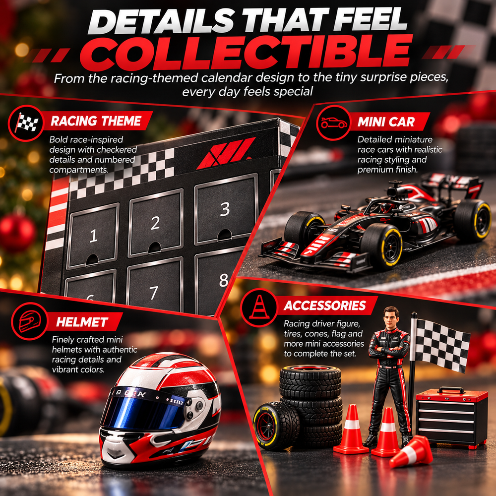 Close-up racing collectible details with driver figure, miniature car, racing helmet and pit accessories