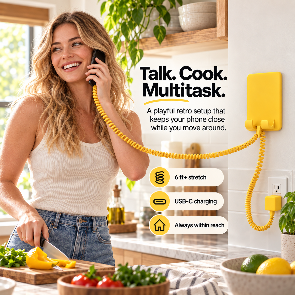 Retro Wall-Mounted Phone Perch Bundle – 6 ft+ Coiled USB-C Charging Station