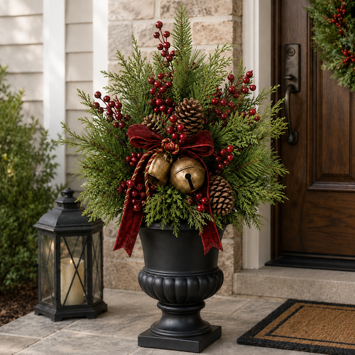 24-Inch Pre-Lit Artificial Christmas Evergreen Urn Filler with Berries, Pinecones & Vintage Bells