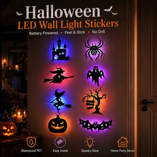 8 Pack Halloween LED Silhouette Wall Light Stickers, Battery Powered Peel & Stick Decor Lights
