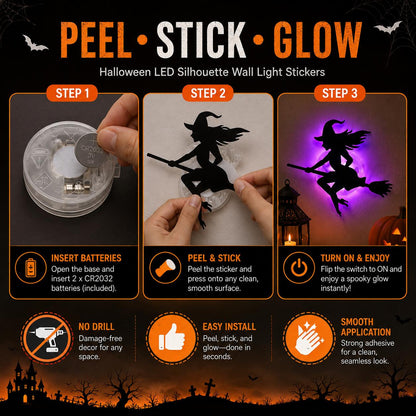 8 Pack Halloween LED Silhouette Wall Light Stickers, Battery Powered Peel & Stick Decor Lights