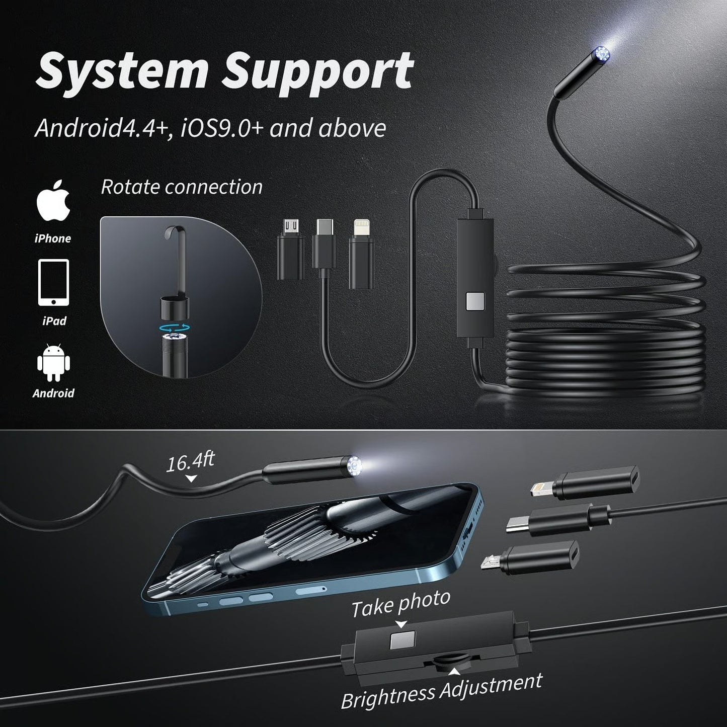1920×1440 HD Smartphone Endoscope Camera with 16.4FT Semi-Rigid Cable