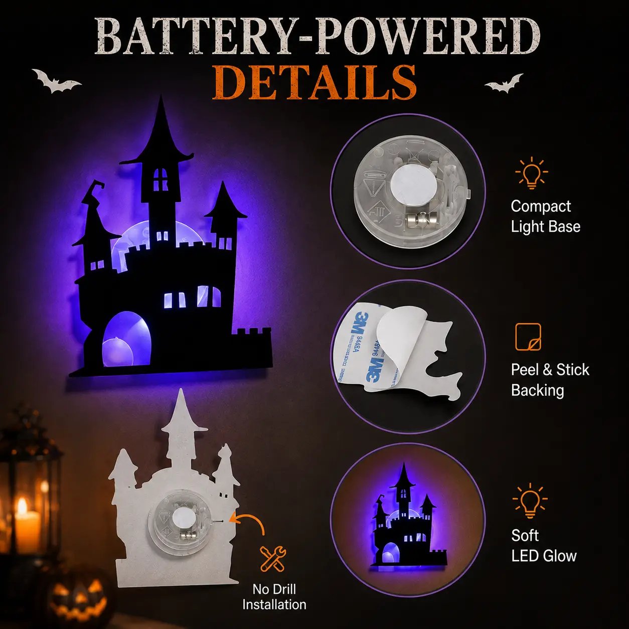 8 Pack Halloween LED Silhouette Wall Light Stickers, Battery Powered Peel & Stick Decor Lights