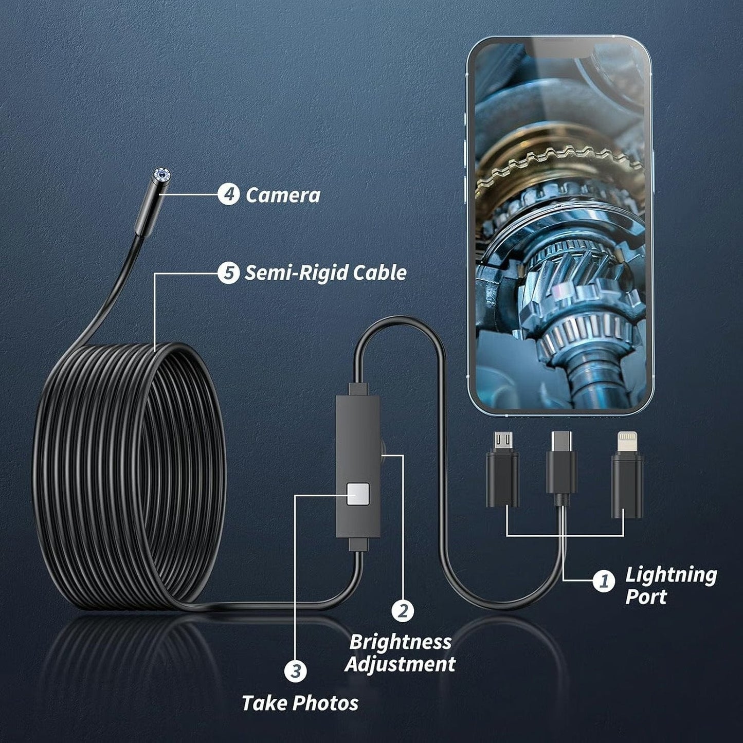 1920×1440 HD Smartphone Endoscope Camera with 16.4FT Semi-Rigid Cable