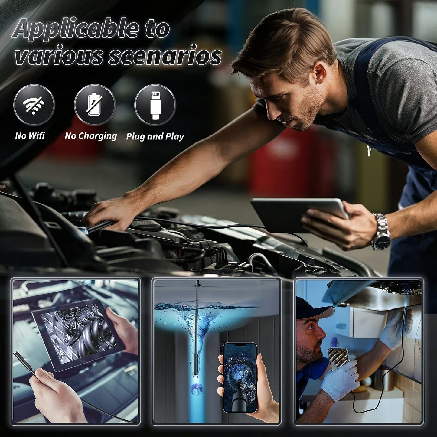 1920×1440 HD Smartphone Endoscope Camera with 16.4FT Semi-Rigid Cable