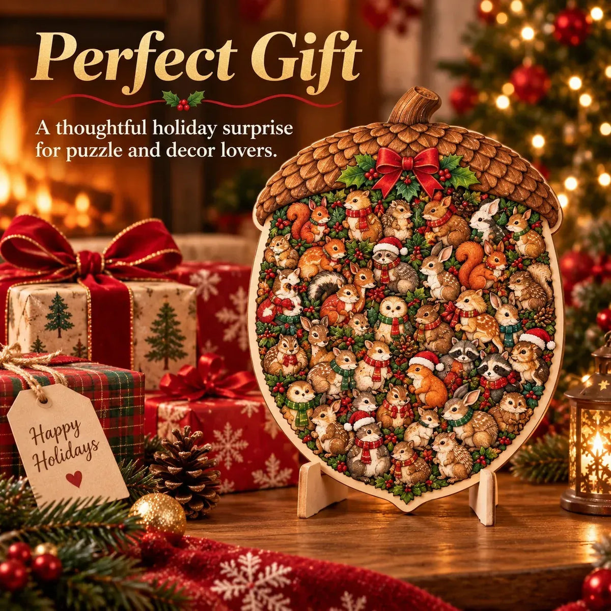 Wooden Christmas puzzle presented as festive holiday gift