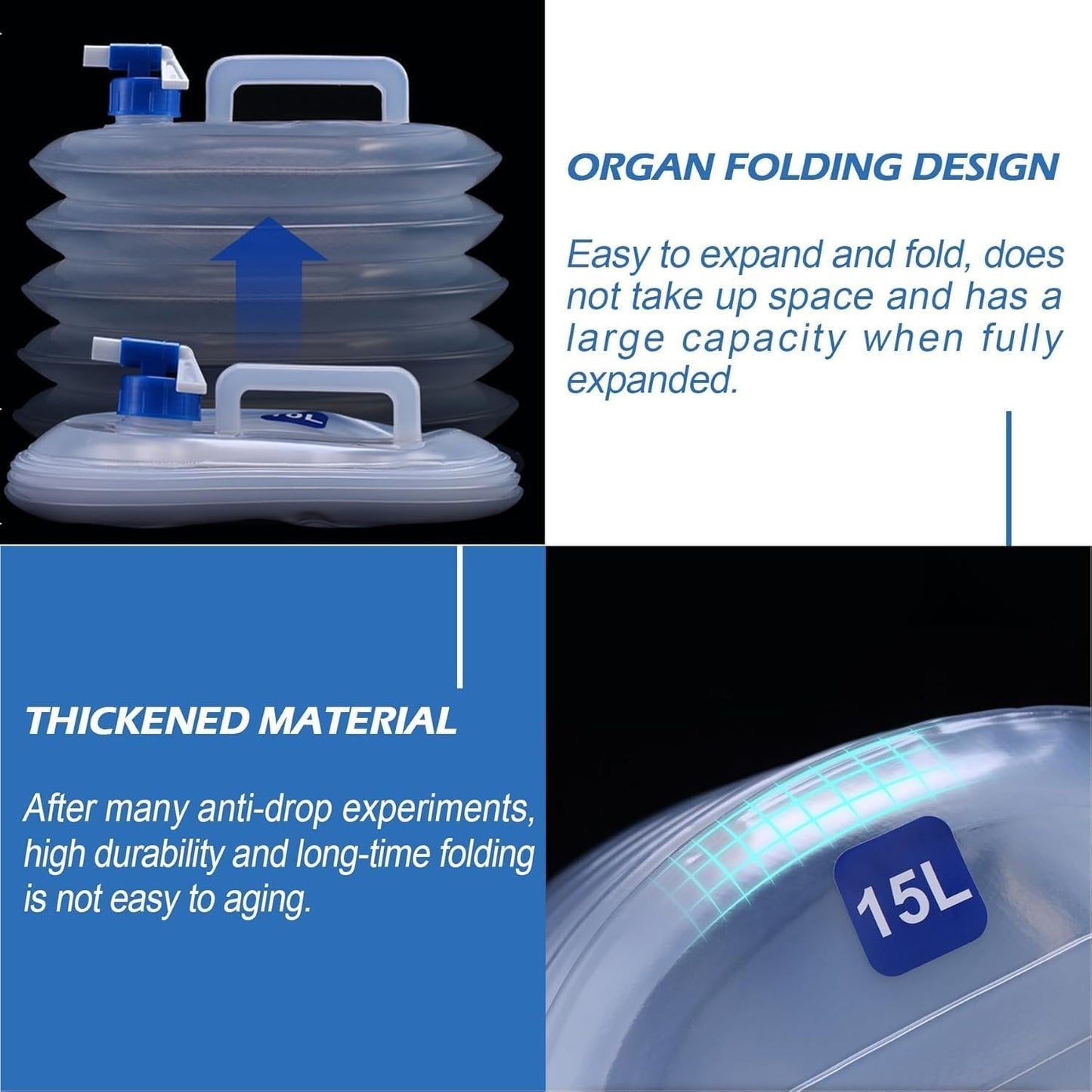 15L Foldable Water Container with Tap Portable Collapsible Water Storage Tank Water Carrier Lifting Bag Leakproof Water Pouch Camping Water Jug Travel Water Dispenser Outdoor Water Storage