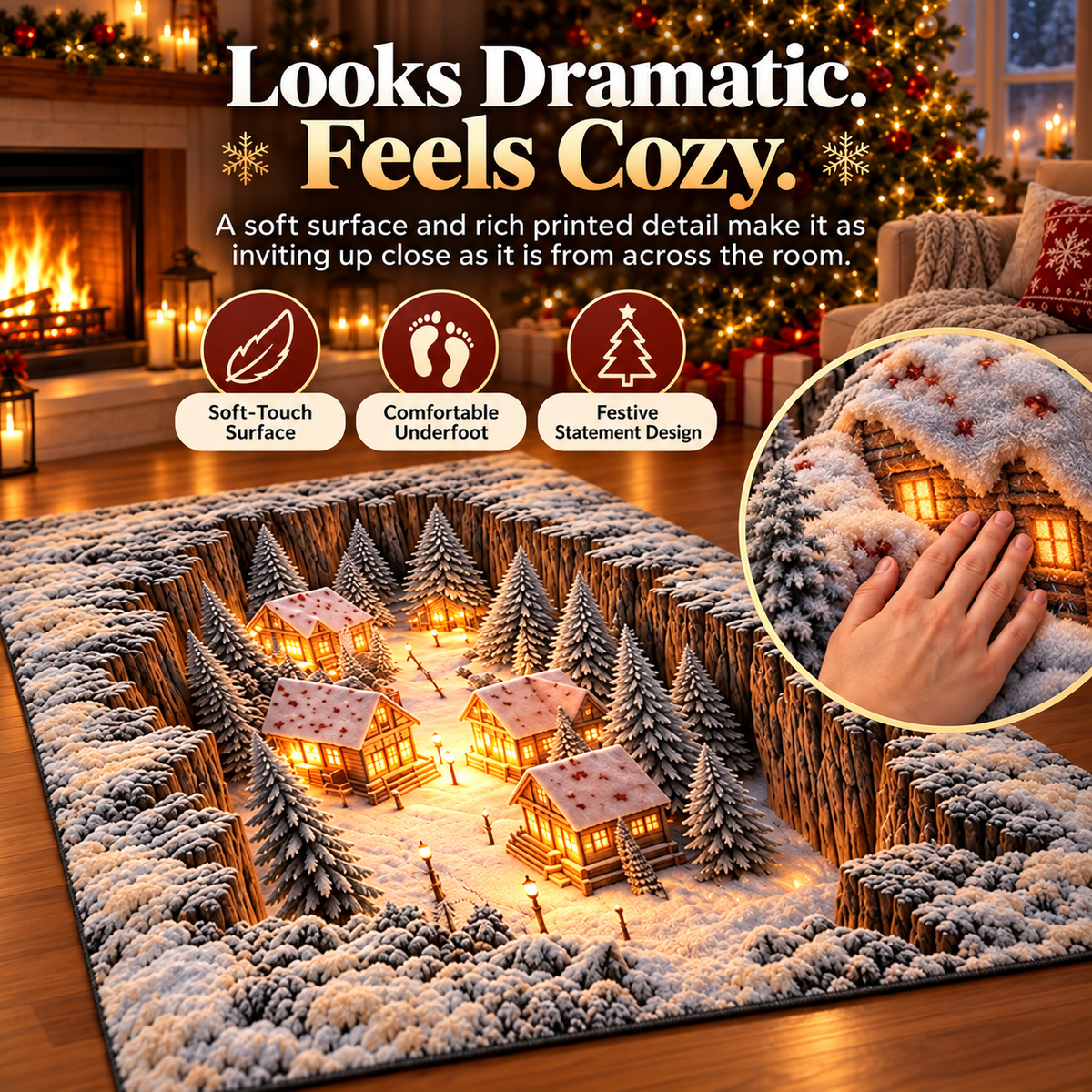 🎄✨ 3D Winter Village Christmas Rug ❄️🏡 Cozy Snowy Cabin 3D Illusion Floor Mat 🏠🔥 Festive Holiday Home Decor 🎁🌟