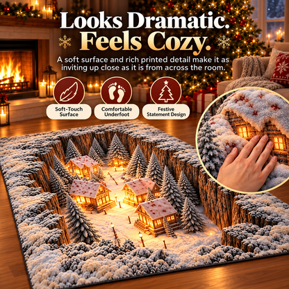 🎄✨ 3D Winter Village Christmas Rug ❄️🏡 Cozy Snowy Cabin 3D Illusion Floor Mat 🏠🔥 Festive Holiday Home Decor 🎁🌟