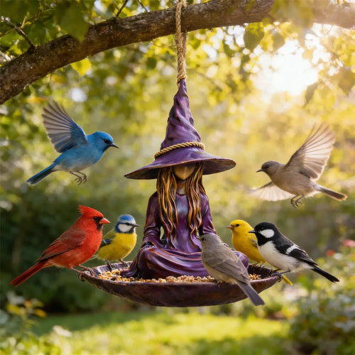 🧙 Enchanting Meditating Witch Bird Feeder | Magical Hanging Garden Decor