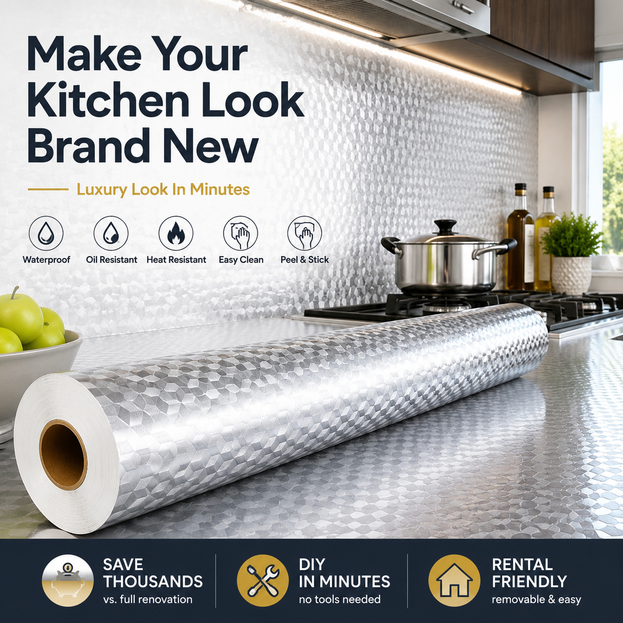 ✨ Peel & Stick Kitchen Makeover Film – Waterproof DIY Countertop & Cabinet Cover
