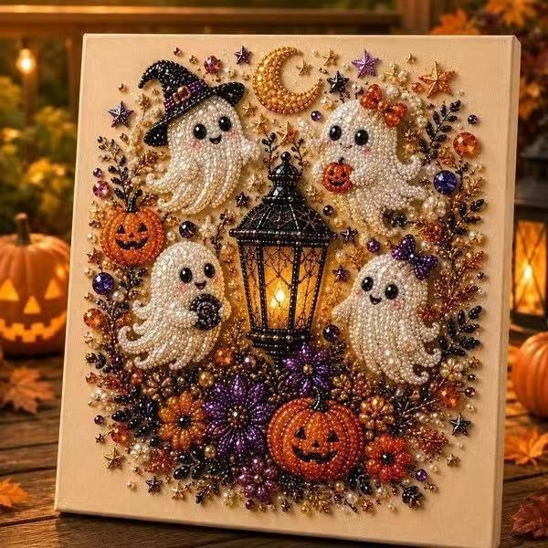 Spooky Cute Ghost Pearl Diamond Painting Kit – 8" x 8" Halloween DIY Wall Art & Craft Gift