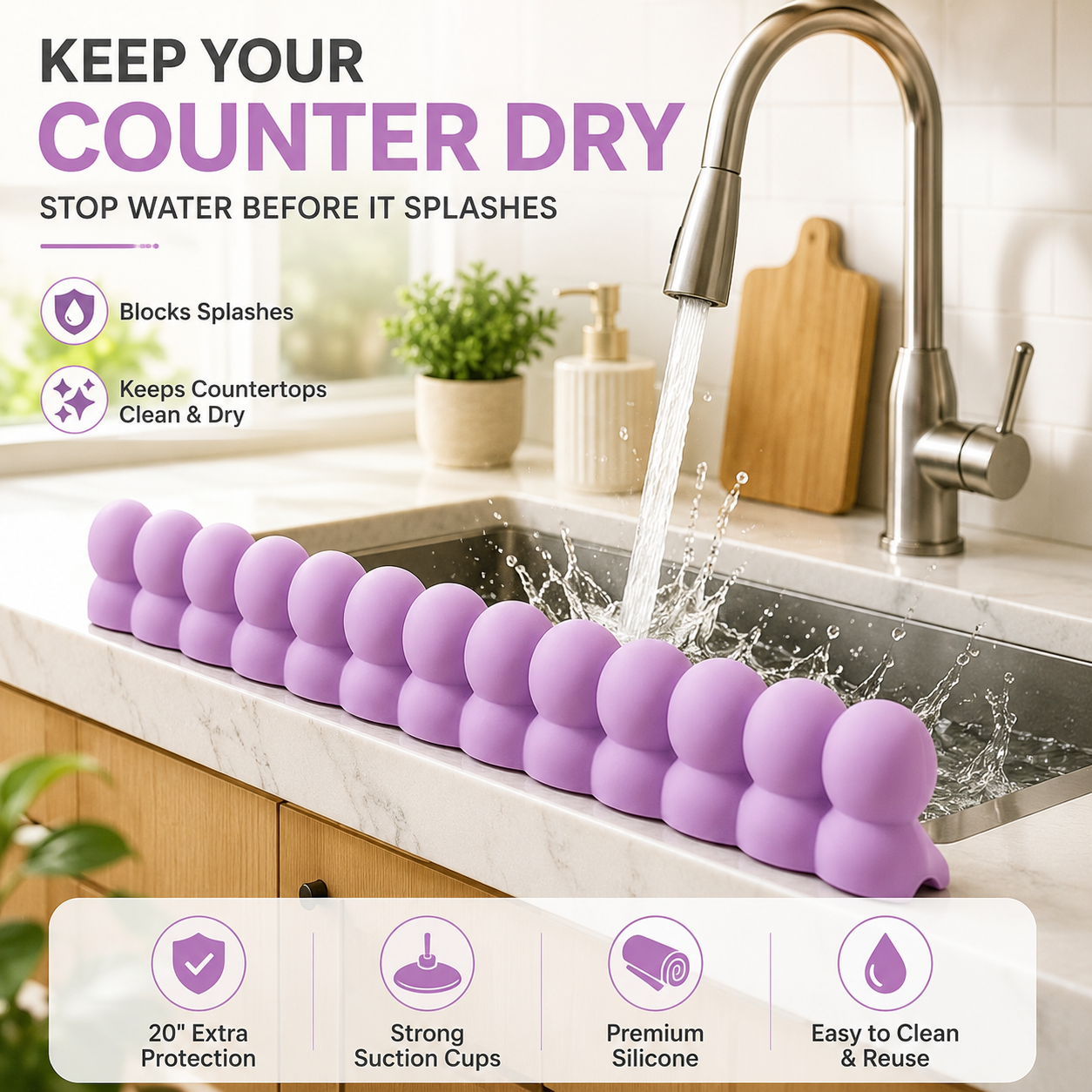 💦20-Inch Silicone Sink Splash Guard with Suction Cups– Keep Counters Dry & Splash-Free