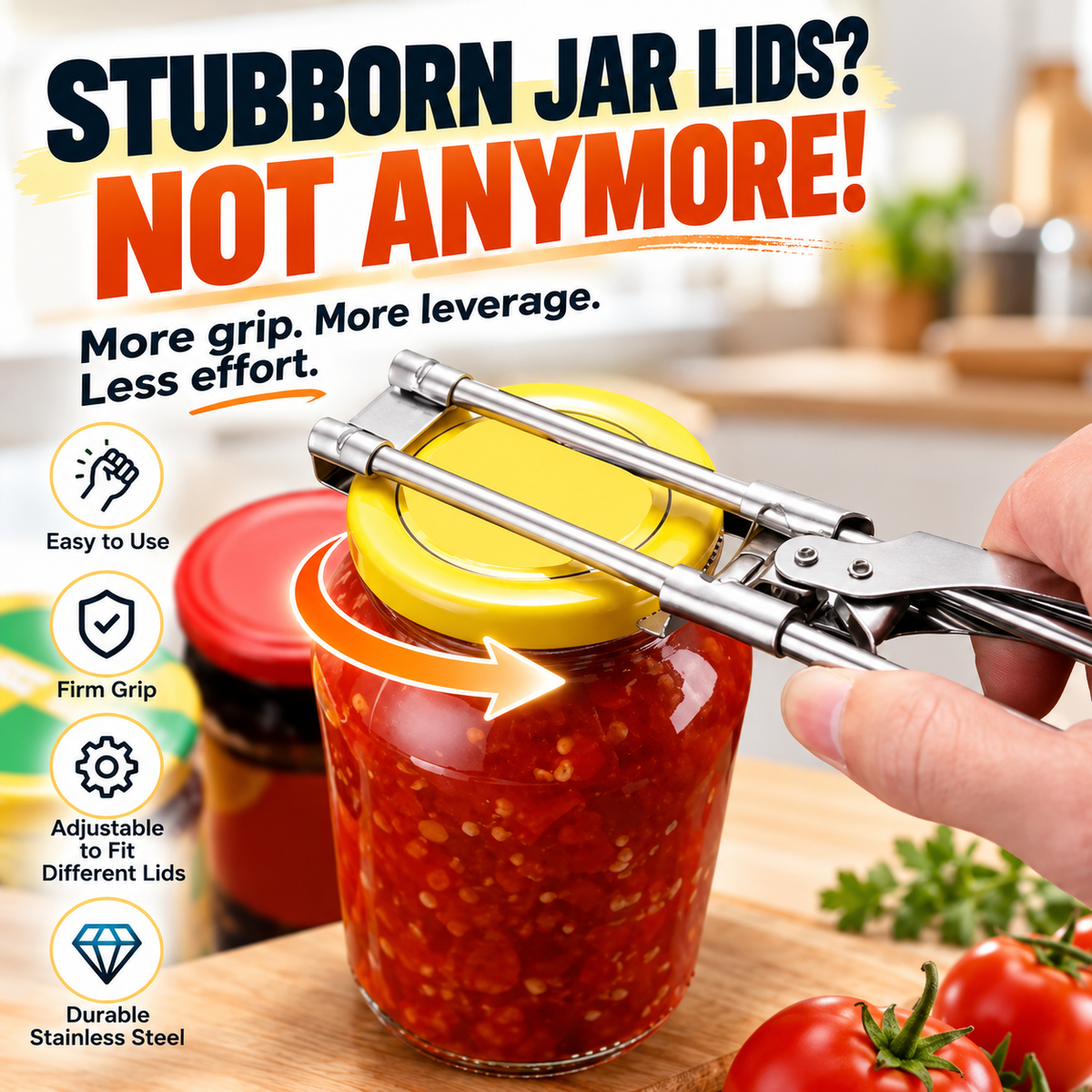 Adjustable stainless steel jar opener gripping a stubborn metal lid
