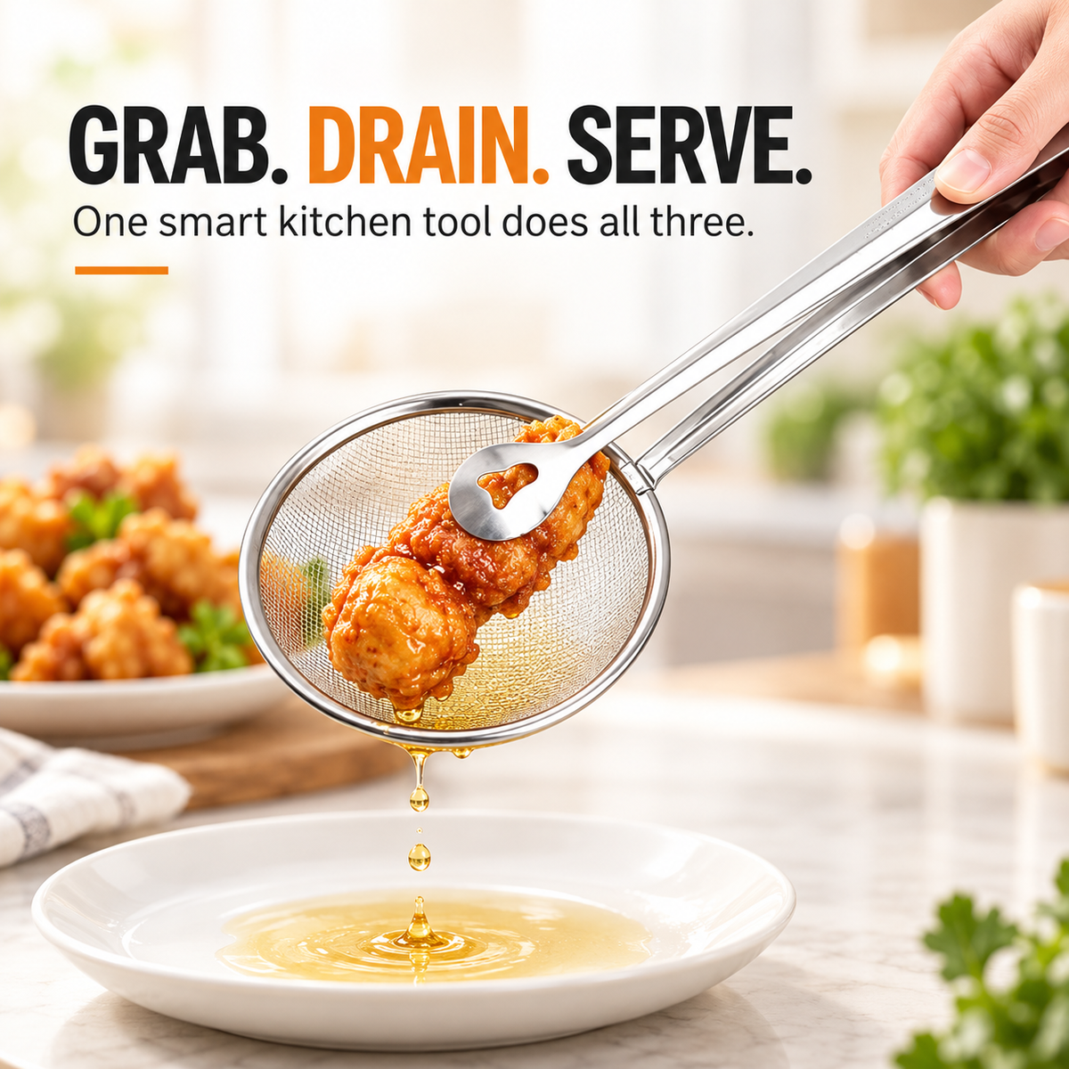 🔥2-in-1 Stainless Steel Strainer Tongs – Grab, Drain & Serve with One Tool