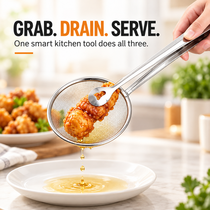 🔥2-in-1 Stainless Steel Strainer Tongs – Grab, Drain & Serve with One Tool