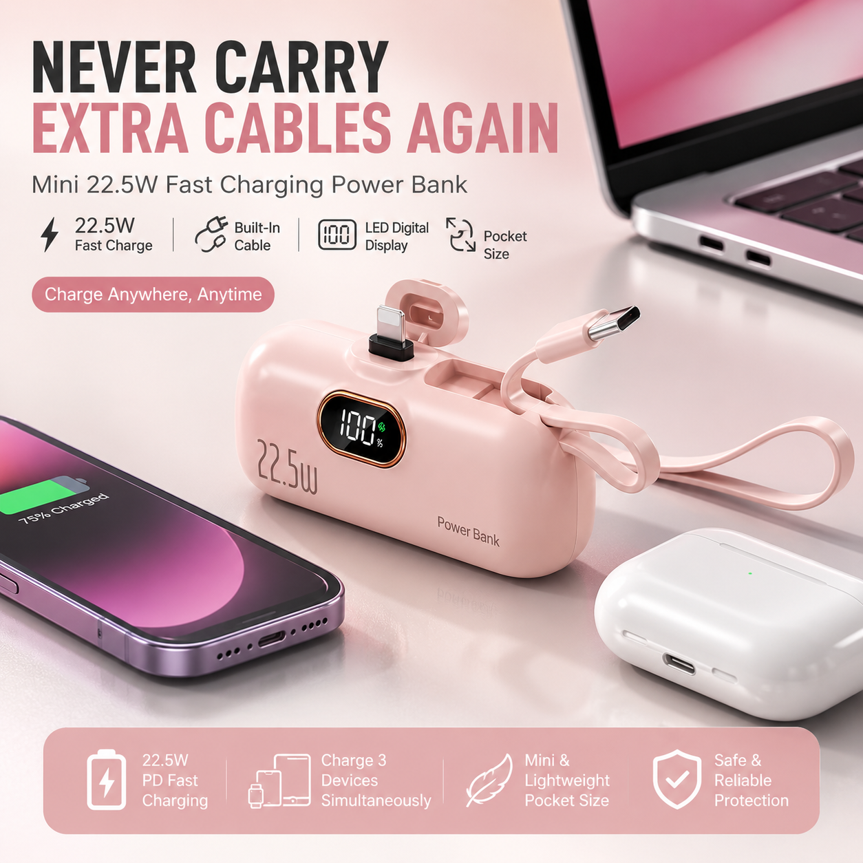 🔋 Pocket Power Bank With Built-In Cable – 🔥22.5W Fast Charging
