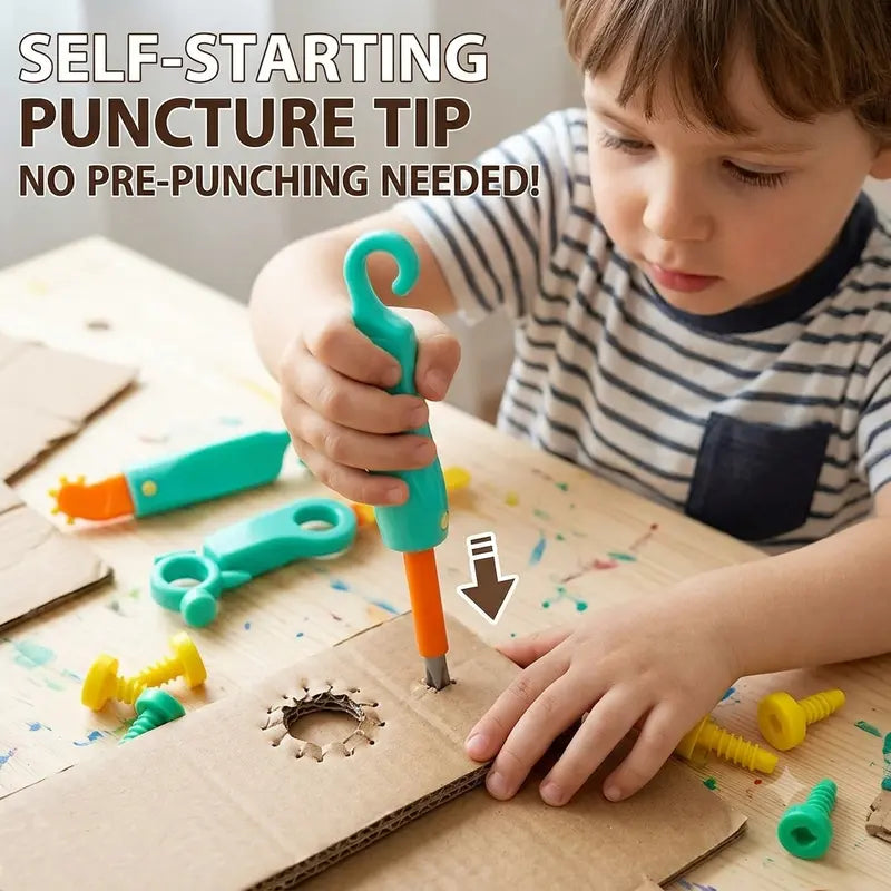 Child using the orange and turquoise puncture tool to make a hole in cardboard with colorful reusable screws nearby
