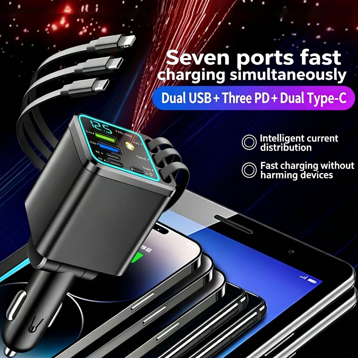 7-in-1 Retractable 102W Fast Car Charger with Star Projector Ambient Light