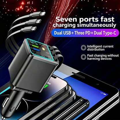 7-in-1 Retractable 102W Fast Car Charger with Star Projector Ambient Light