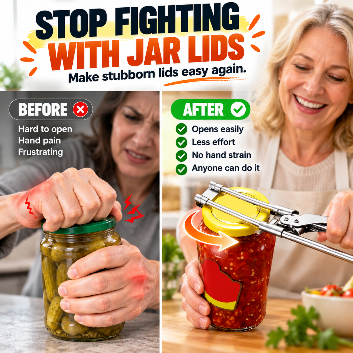 Before and after comparison of opening a tight jar by hand versus with a jar opener