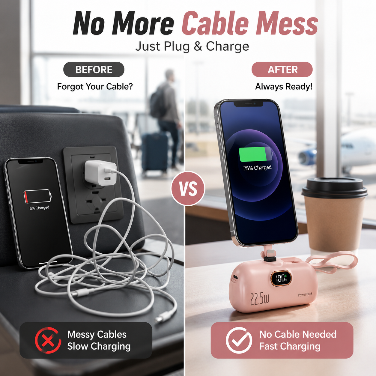 🔋 Pocket Power Bank With Built-In Cable – 22.5W Fast Charging