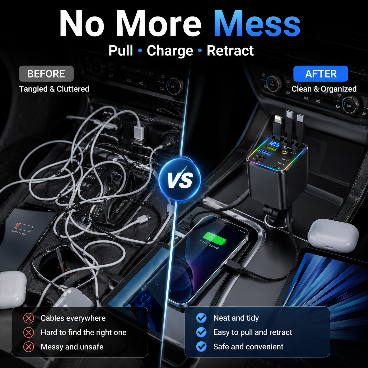 ⚡ 7-in-1 120W Retractable Car Charger – Fast Charging Power Hub with LED Voltage Display