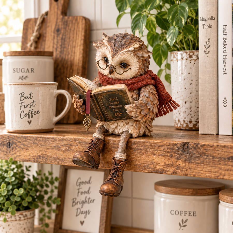 Reading owl figurine with round glasses open book scarf and dangling boots