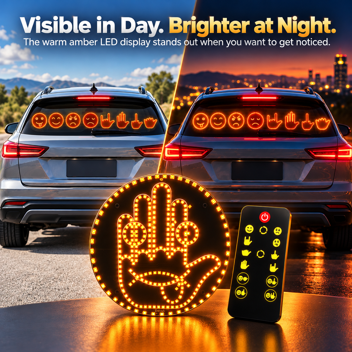 🚗🔥 LED Car Rear Window Gesture Light 😎🖕😂 – Funny Emoji & Hand Sign Display ✨ Wireless Remote Control 🚘 4 Modes | Fun Car Accessories 🎁