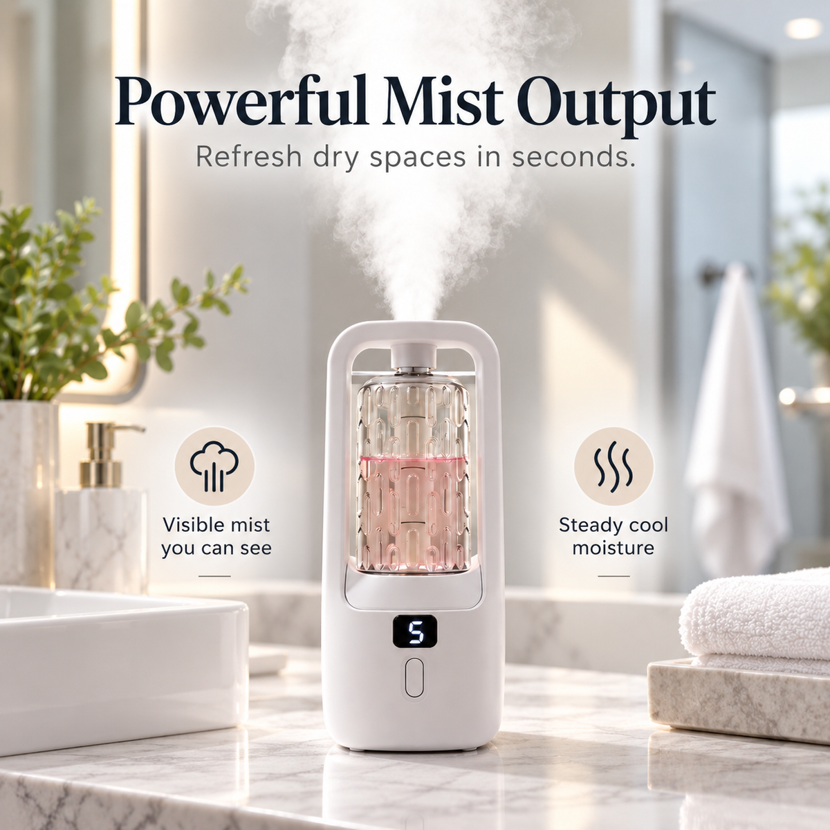 Visible cool mist output from compact diffuser