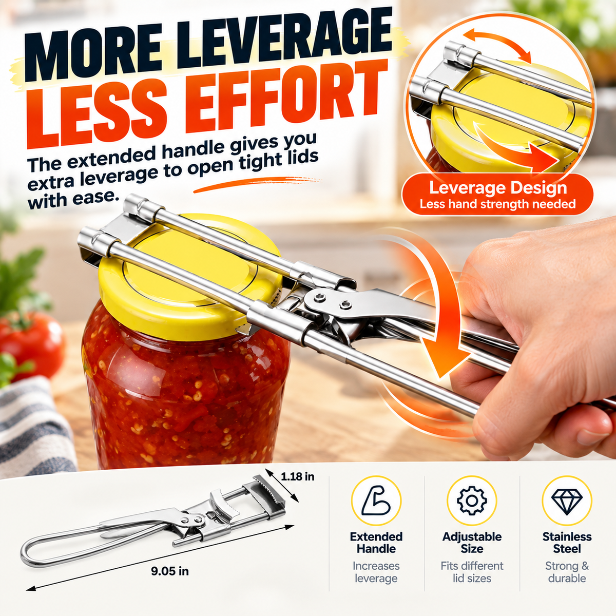Extended jar opener handle showing additional leverage on a tight lid