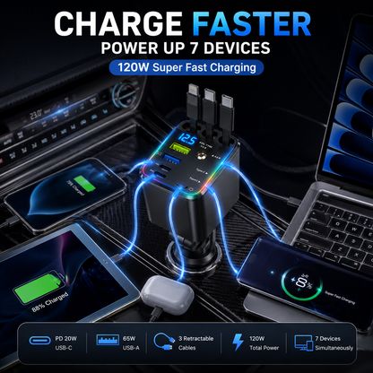 ⚡ 7-in-1 120W Retractable Car Charger – Fast Charging Power Hub with LED Voltage Display