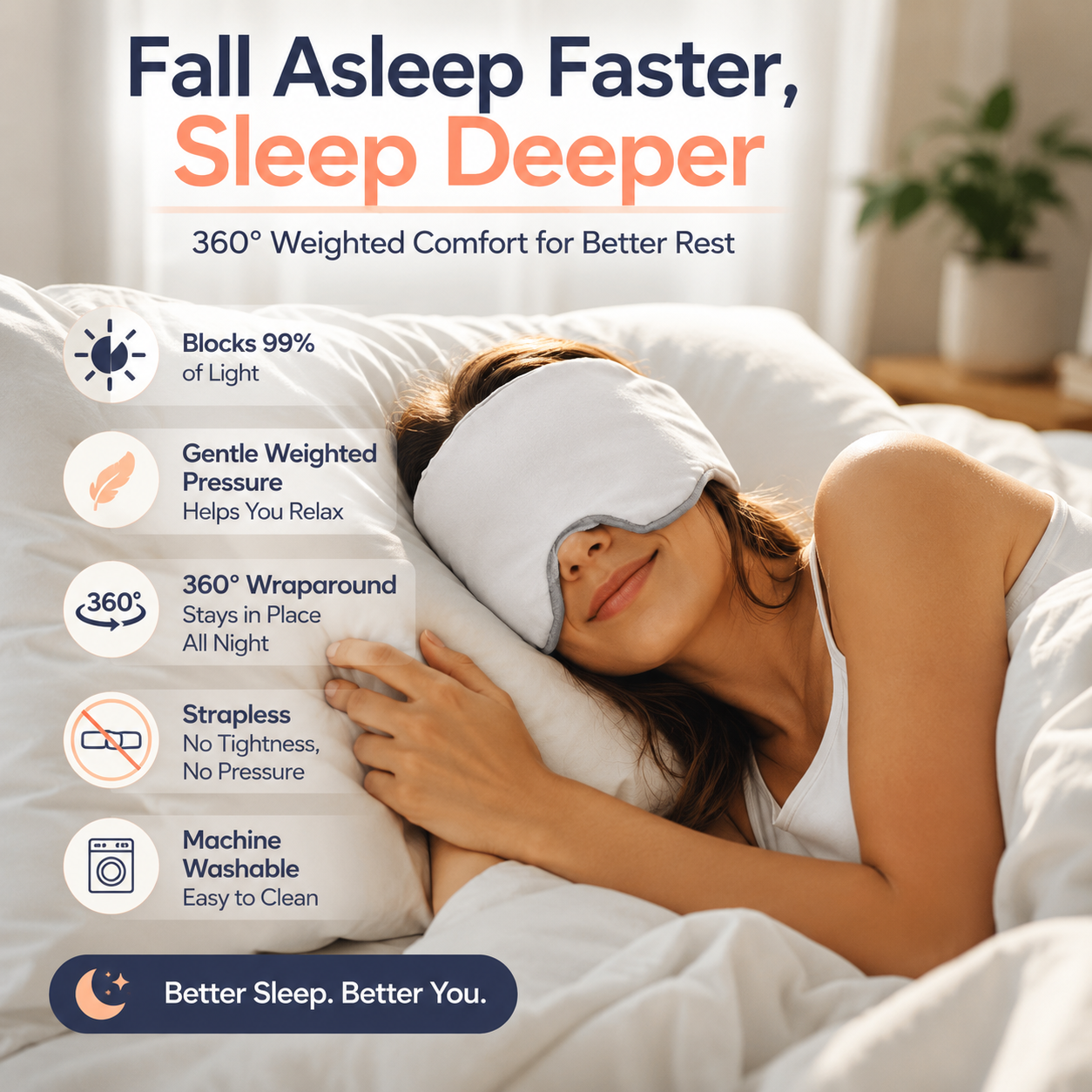 🌙 360° Weighted Blackout Sleep Mask – Soft Wraparound Eye Mask for Deeper Sleep, Travel, Naps & Stress Relief