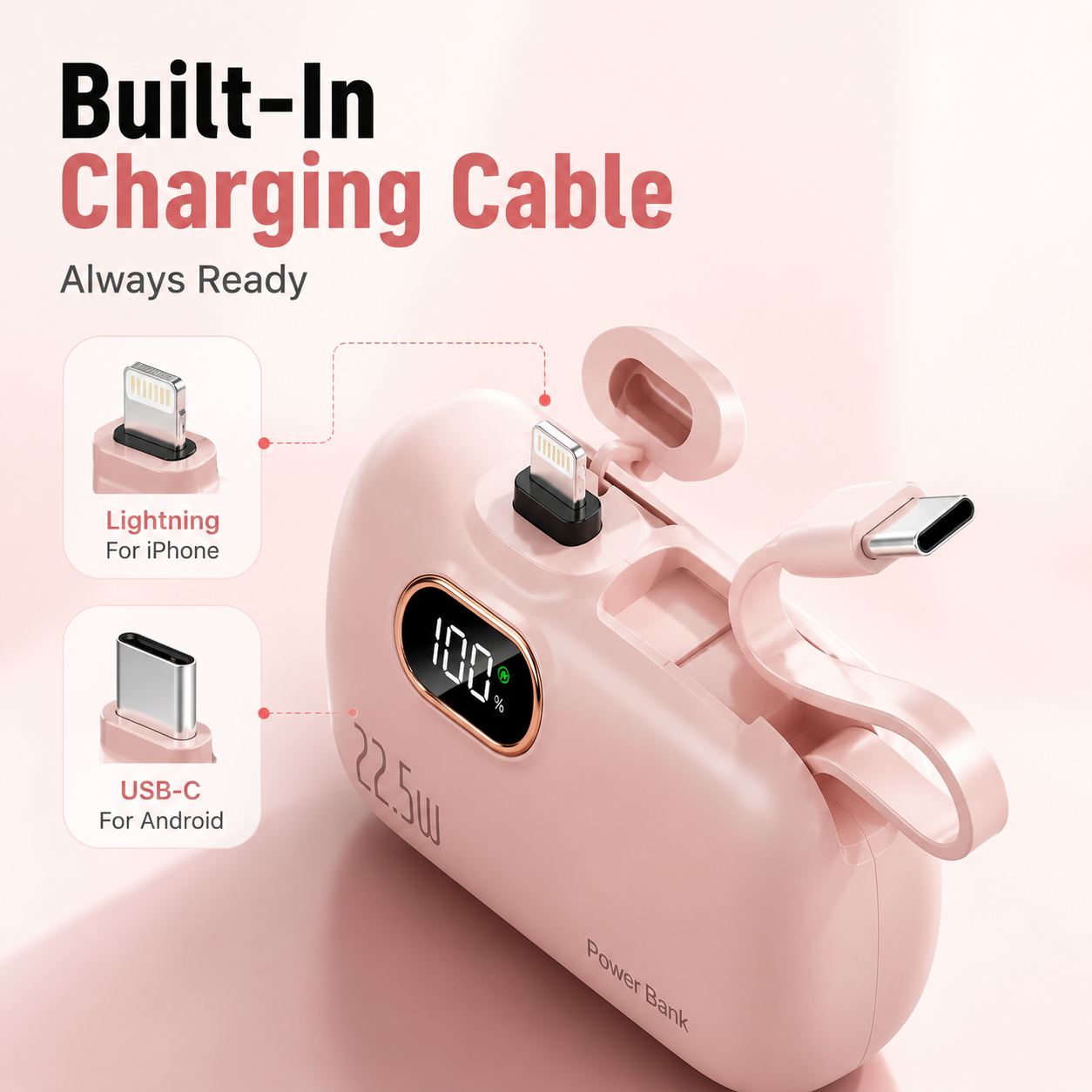 🔋 Pocket Power Bank With Built-In Cable – 🔥22.5W Fast Charging