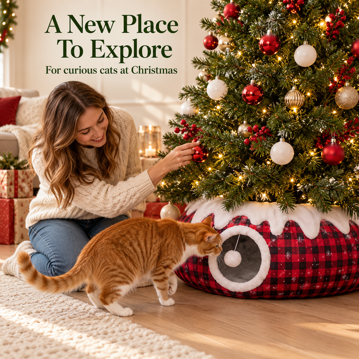🎄🐱 Christmas Cat Tunnel & Tree Skirt – Cozy Plaid Hideaway with Hanging Pom-Pom | 2-in-1 Holiday Cat Play Tunnel ✨
