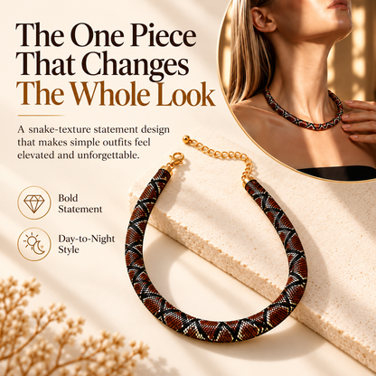 🐍 Snake-Print Statement Collar Necklace | Bold Textured Choker, Gold-Tone Adjustable Chain & Day-to-Night Style 💛