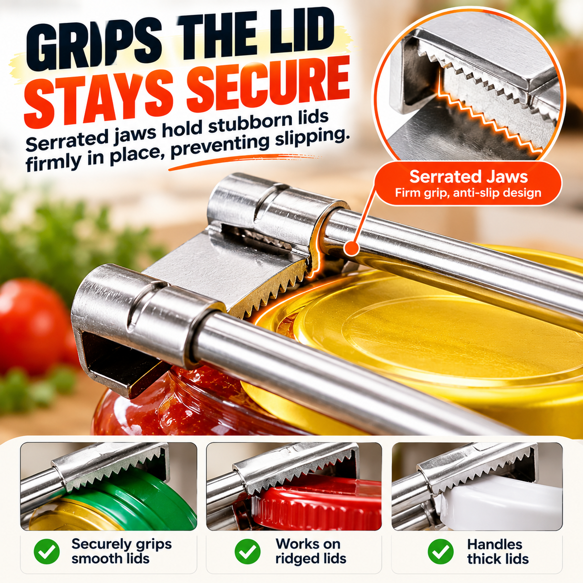 Close-up of serrated jar opener jaws gripping a metal lid