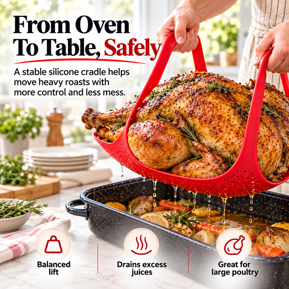 Juices draining through perforated silicone turkey sling while roast is lifted