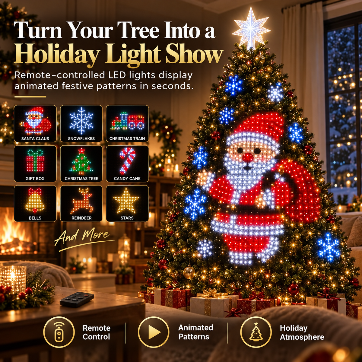 🎄 Remote-Controlled Animated Christmas Tree LED Lights – Festive Pattern Light Show with Star Topper