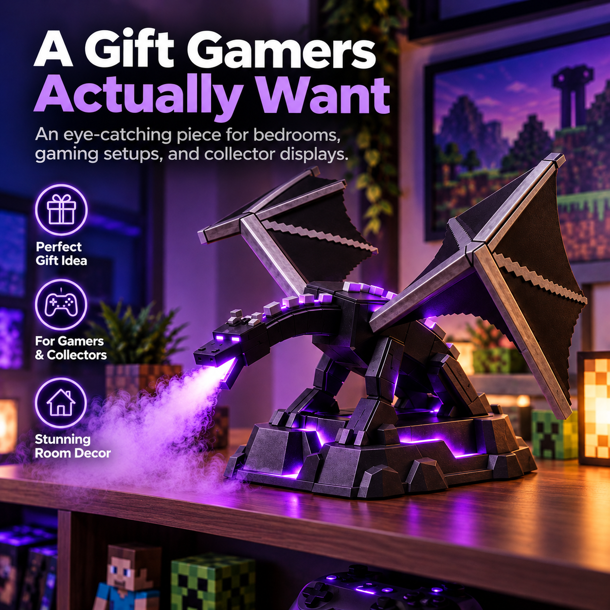 Fantasy dragon mist diffuser displayed on a gaming collectible shelf surrounded by gaming figures with glowing purple lights