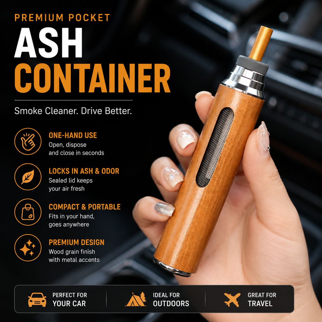 Portable Smokeless Pocket Ash Container-Premium One-Hand Car Ashtray