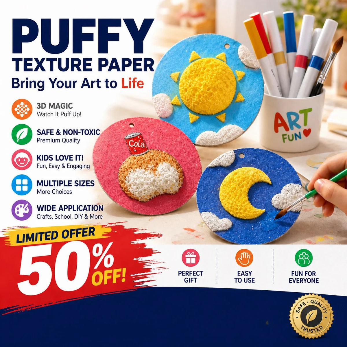 Colorful puffy texture paper art showing sun moon clouds and creative designs