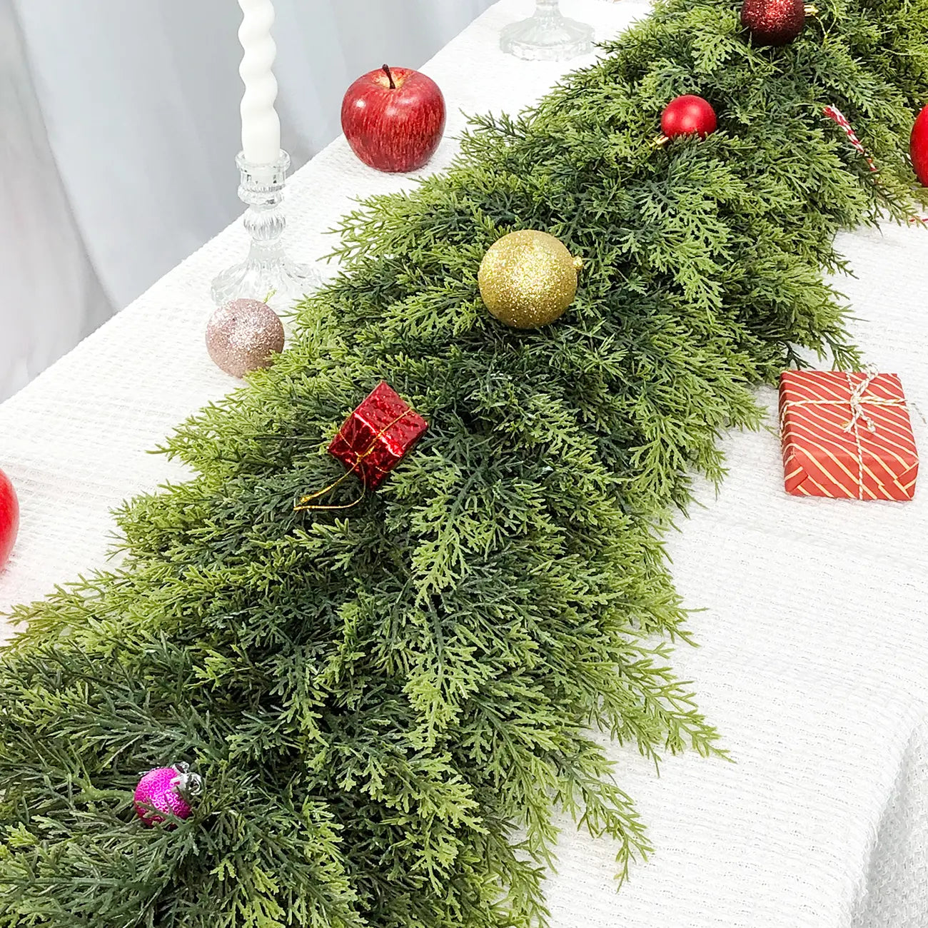 6 FT 2 Pcs Artificial Cedar Garlands, Real Touch Winter Cedar Garland, Green Artificial Greenery Pine Garland for Table, Mantle, Wall, Indoor, Outdoor Christmas Decorations