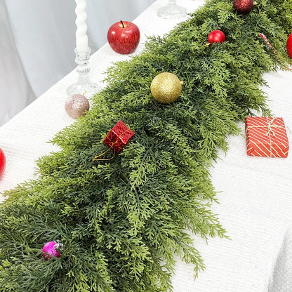 6 FT 2 Pcs Artificial Cedar Garlands, Real Touch Winter Cedar Garland, Green Artificial Greenery Pine Garland for Table, Mantle, Wall, Indoor, Outdoor Christmas Decorations
