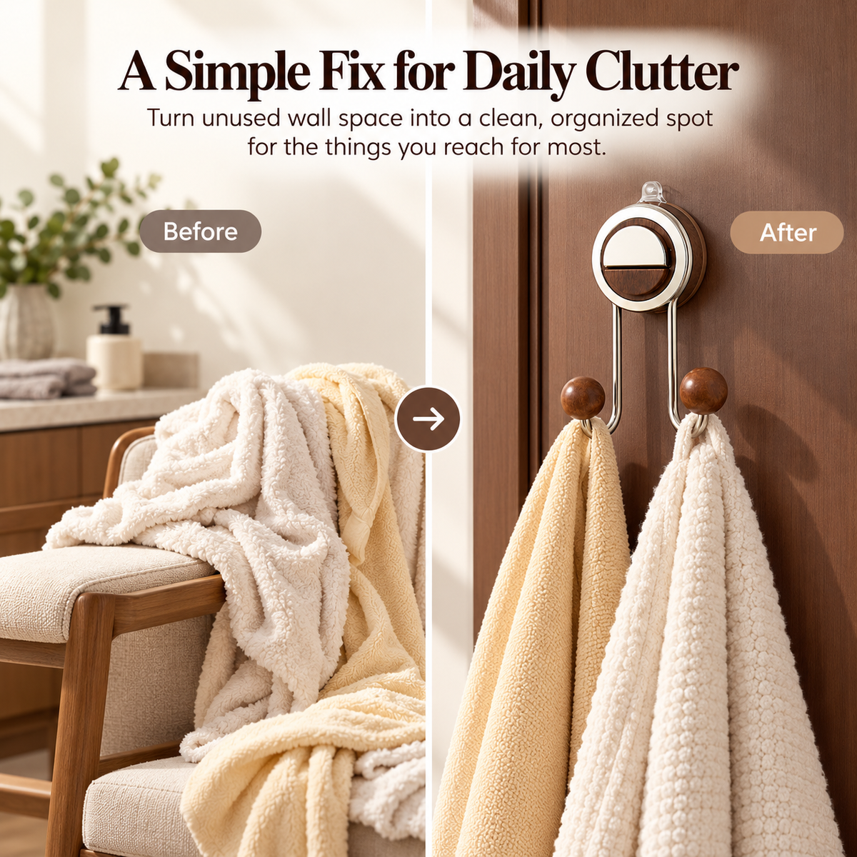 ✨ Drill-Free Foldable Double Hook – Suction Wall Organizer with Walnut-Look Accents