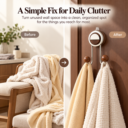 ✨ Drill-Free Foldable Double Hook – Suction Wall Organizer with Walnut-Look Accents