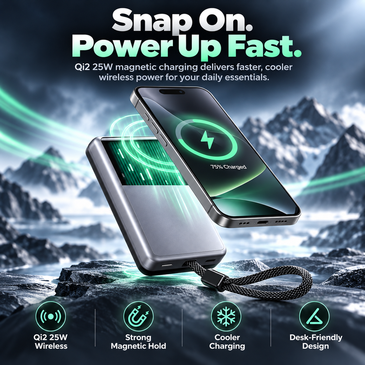 Phone magnetically connecting to Qi2 25W liquid cooled wireless power bank