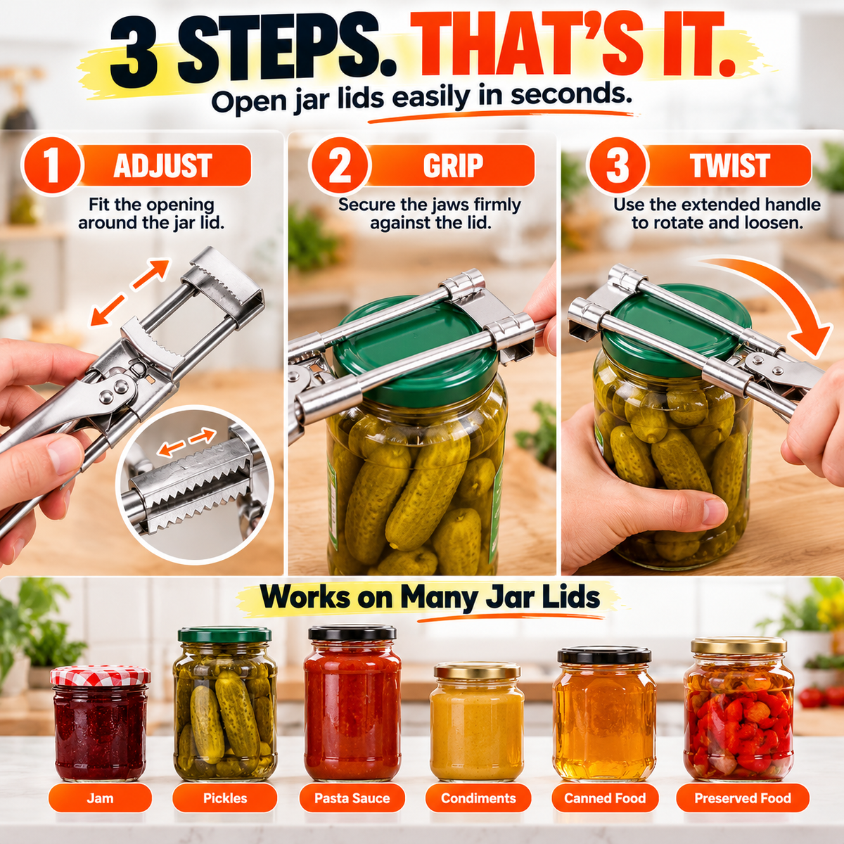 Three steps showing how to adjust grip and twist an adjustable jar opener