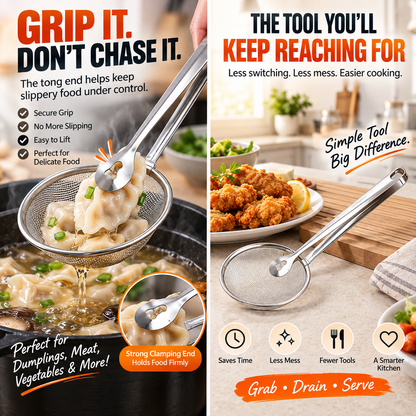🔥2-in-1 Stainless Steel Strainer Tongs – Grab, Drain & Serve with One Tool